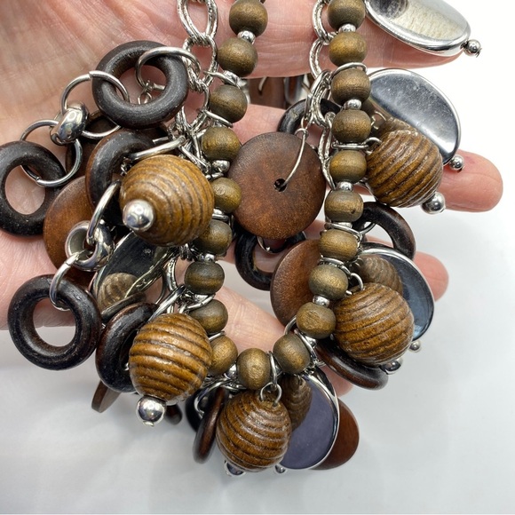 Wood Beads Silver Tone Boho Statement Necklace - Picture 6 of 8